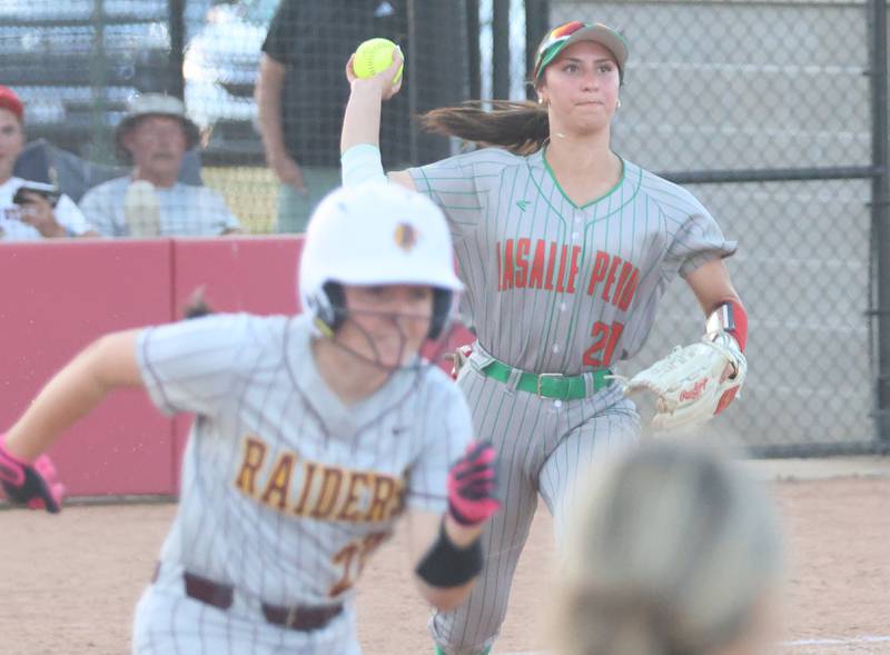 L-P's Anna Riva throws out East Peoria's Kailynn Gore at first during the Class 3A Sectional semifinal game on Tuesday, May 26, 2026 at the L-P Athletic Complex in La Salle.