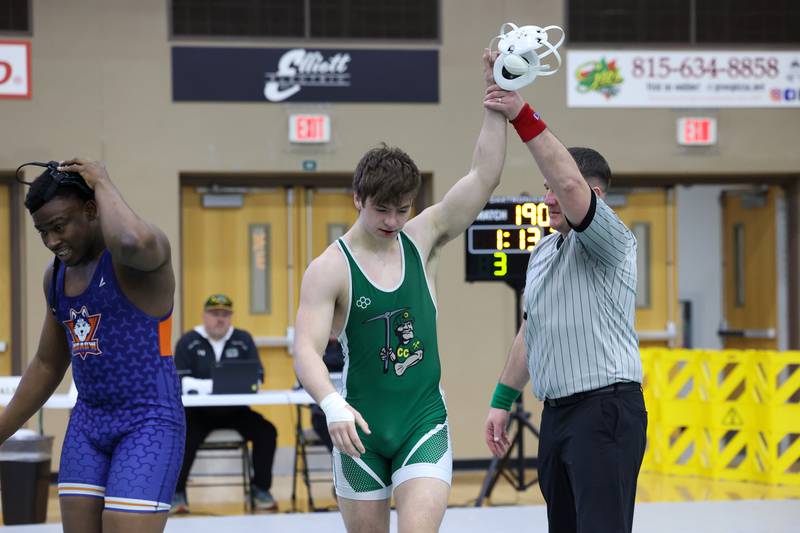 Coal City's Evan Greggain claims victory against Chicago Horizon's Sami Marrero in the 190-pound third place match during the IHSA Class 1A Coal City Sectional on Saturday, Feb. 14, 2026.