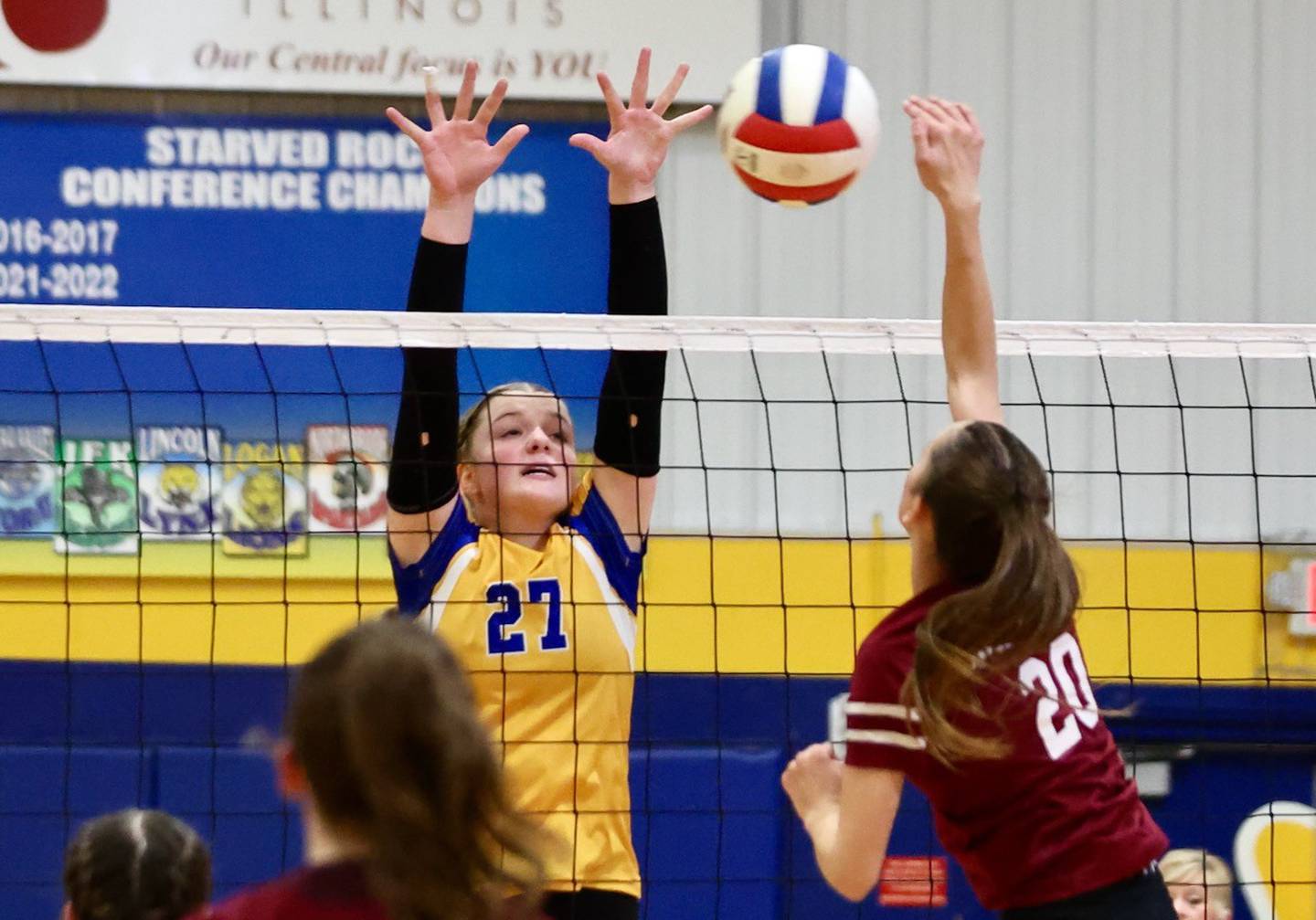 Princeton Logan's Kolbi Lawson makes a block in Monday's Class 3A 8th grade sectional finals at Pannebaker Gym. The Lions fell in three sets to Morris Saratoga.