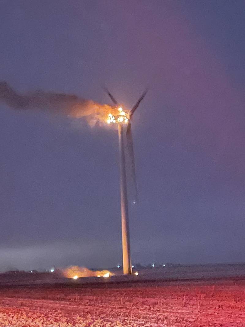 Mendota and Troy Grove fire departments respond to a wind turbine on fire on Thursday, Jan 6, 2023