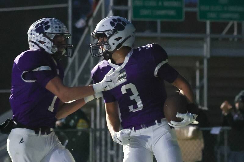 Wilmington’s Hunter Osipavicius greets Ryan Kettman after his touchdown against Stillman Valley in the first round of the playoffs on Saturday, Nov. 2, 2024 in Wilmington.