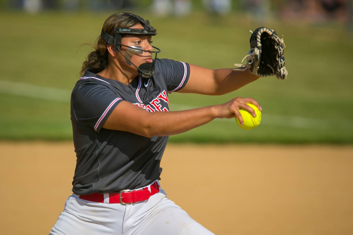 Huntley pitcher Briana Bower delivers a pitch in the second inning of the game at Harry D. Jacobs High School, Algonquin, Ill., on Tuesday, June 8, 2021. Bower pitched 11 strikeouts and allowed only 1 hit. The Red Raiders won, 11-0 through 6 innings, and will host Harlem Thursday, June 10, in the Sectional Championship.