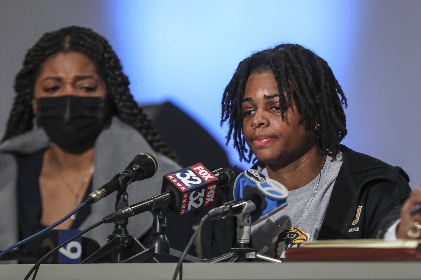 Jazzpher Evans speaks with reporters at a press conference on Thursday, April 8, 2021, at One Vision Worship Center in Joliet, Ill. Evans, a current Quincy University student and Joliet West High School graduate was allegedly assaulted in a racially motivated attack on Sunday night at a local Quincy bar.