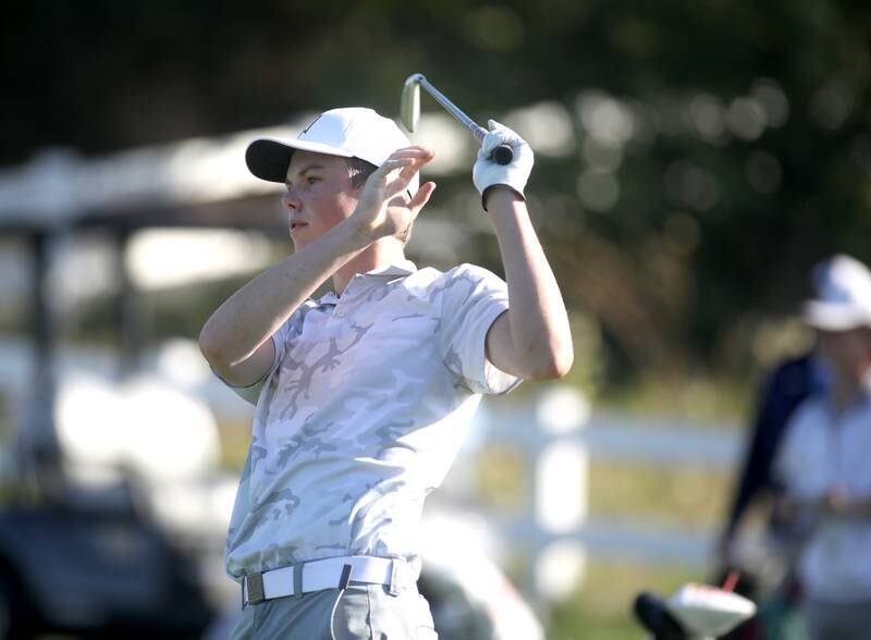 Wheaton Warrenville South’s Chris Myers tees off during the Class 3A Plainfield North Boys Golf Sectional at Whitetail Ridge Golf Course in Yorkville on Monday, Oct. 2, 2023.
