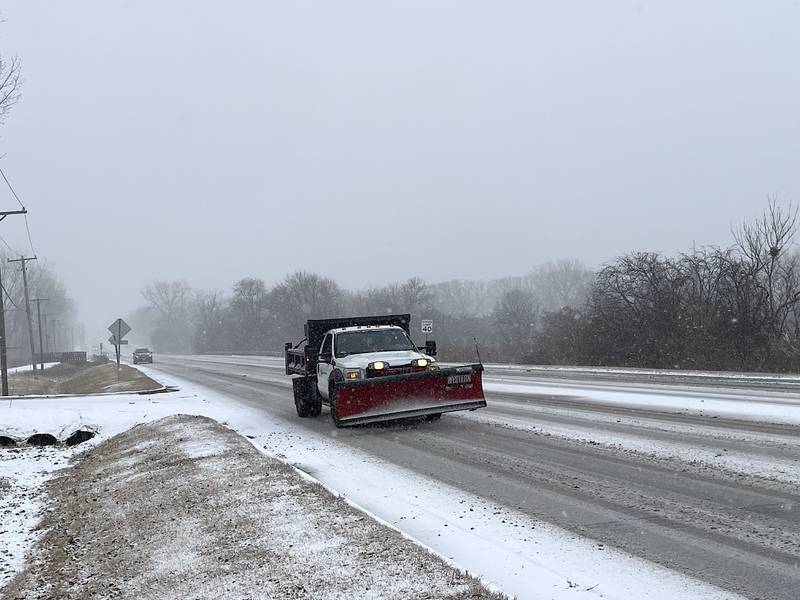 A snowplow vehicle on Wednesday, Feb. 12, 2025, on Black Road in Joliet.