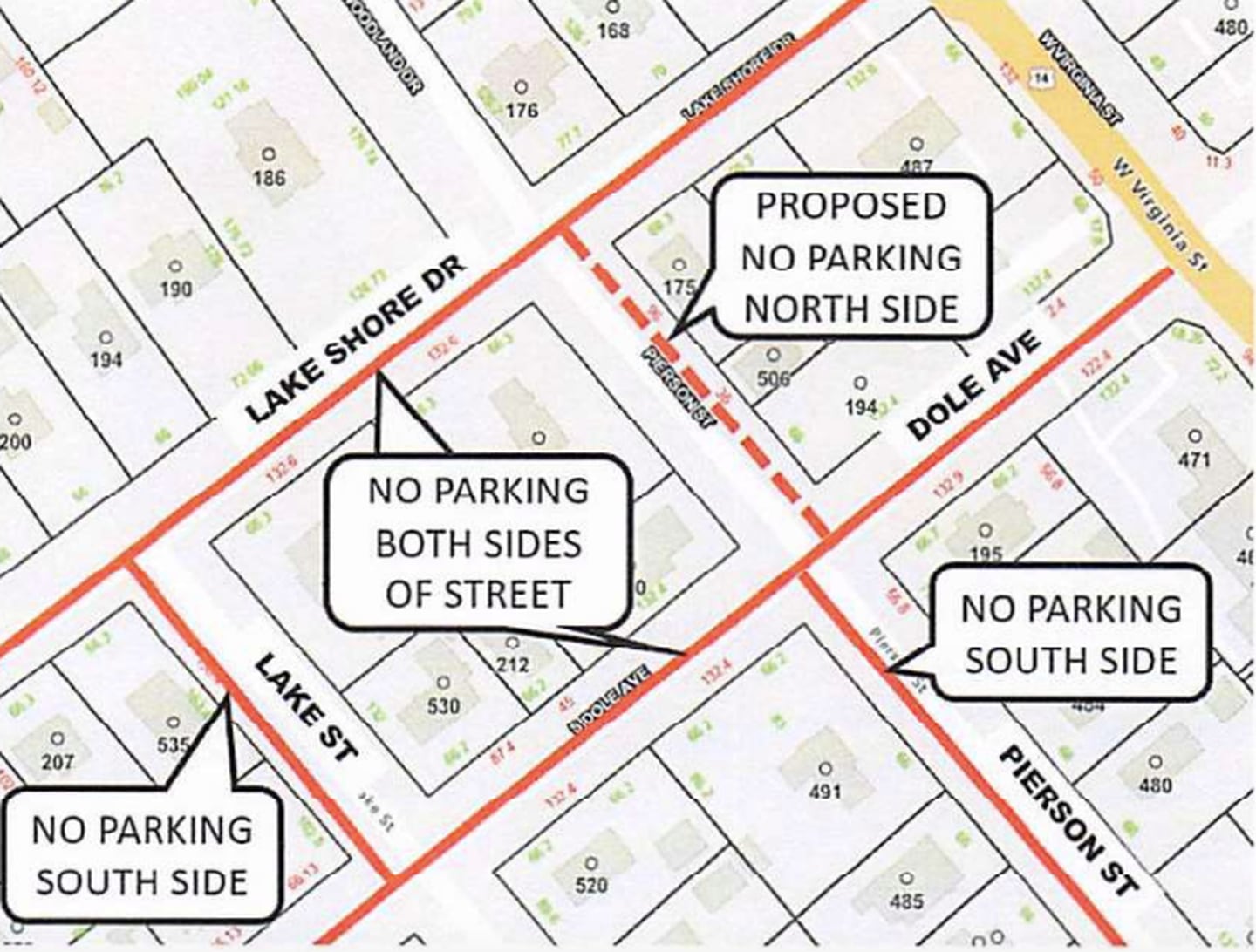 A map of updated street parking restrictions surrounding the new Lake Roots cafe at 475 W. Virginia St., Crystal Lake.