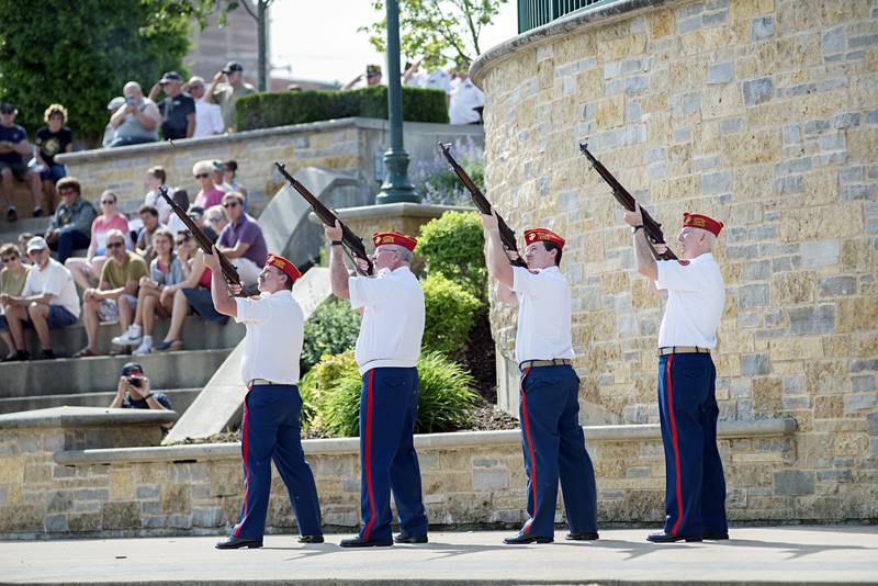 The Marine Corps honor guard preforms a rifle salute Monday, May 30, 2022 in honor of Memorial Day in Dixon.