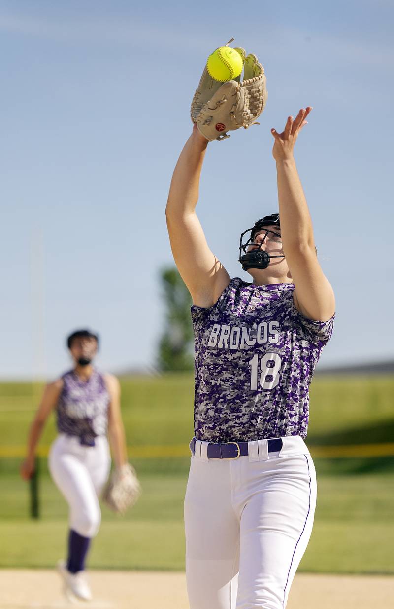 Orangville’s Anicka Kraft camps under a pop-up against Fulton Tuesday, May 26, 2026, at the Eastland Class 1A softball sectional quarterfinal.