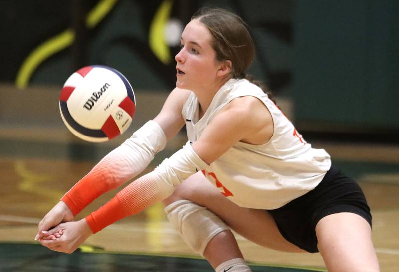 Crystal Lake Central’s Lauren Smyth passes the ball in varsity volleyball at Crystal Lake South High School in Crystal Lake on Tuesday, Oct. 7, 2025.