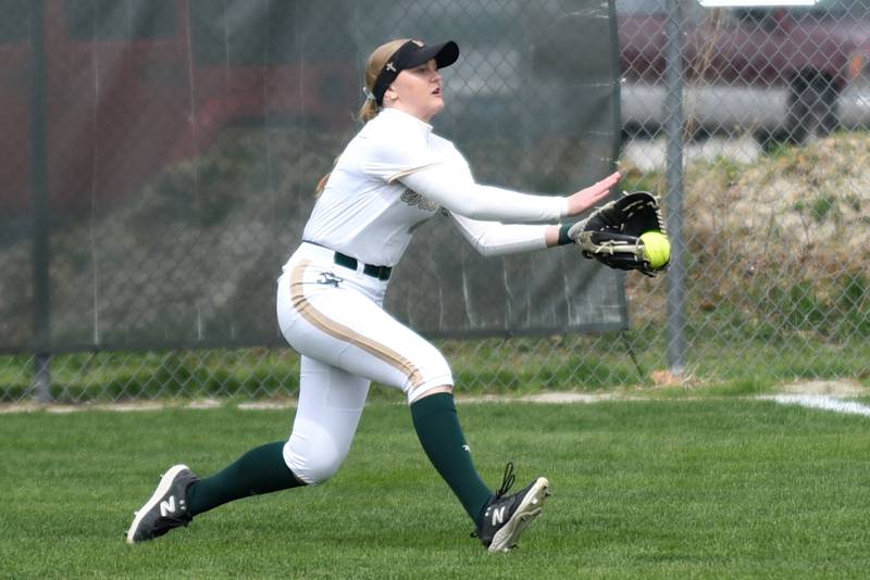 Bishop McNamara's Emma Thyfault makes a catch during a home game against St. Laurence Saturday, April 11, 2026.