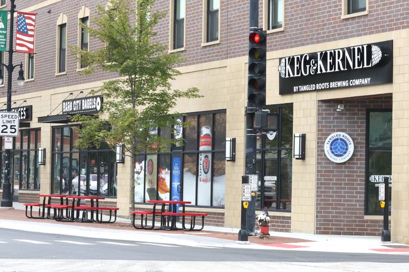 Some of the outdoor seating now available Thursday, Aug. 25, 2022, in front of Barb City Bagels and Keg and Kernel on Lincoln Highway after the recent downtown DeKalb renovations.