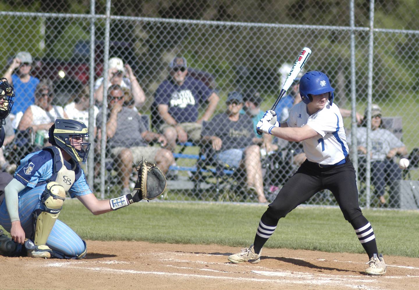 Newman player Ashton Miner gets ready for a swing against Marquette. Marquette traveled to Newman's Larry Ybarra field to play a game on Friday, May 16, 2025
