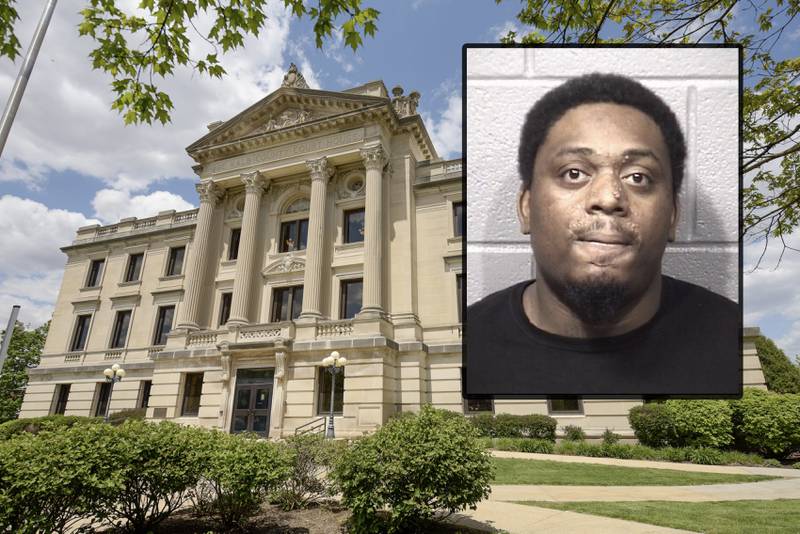 Bernard W. Childs, 29, of Hazel Crest in Cook County, is charged with burglary and attempted burglary stemming from a July 4, 2022 break-in at DeKalb Liquor Mart, according to DeKalb County court records filed Aug. 31, 2023. (Inset photo provided by DeKalb County Jail)