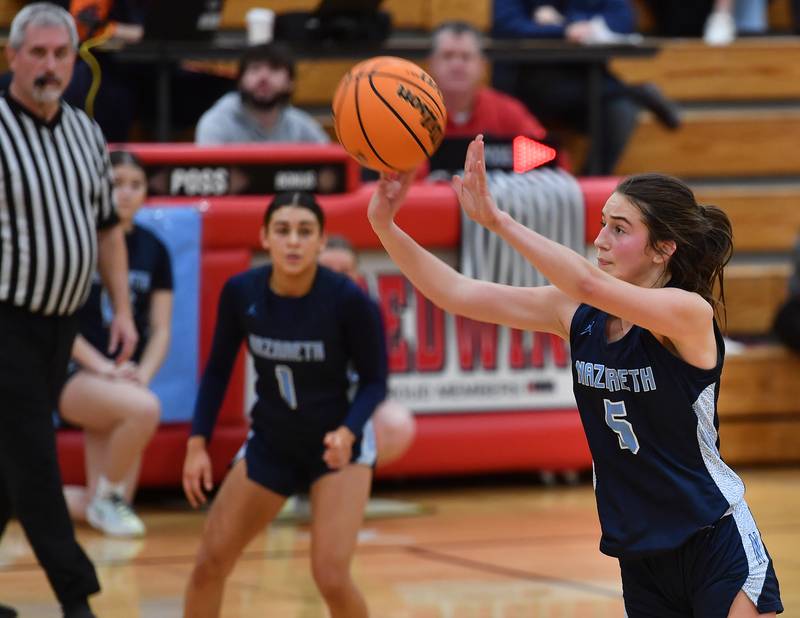 Nazareth’s Sophia Towne (5) takes a shot during a Coach Kipp Hoopsfest game against Montini on January 20, 2025 at Benet Academy in Lisle.