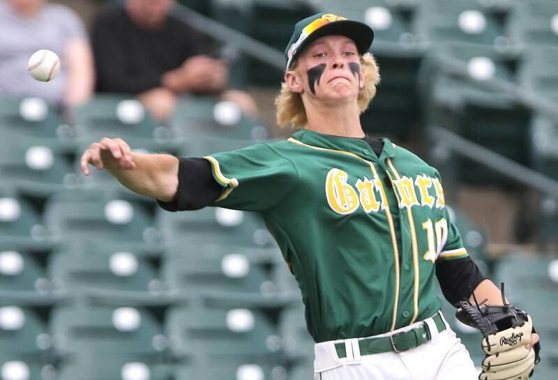 Crystal Lake South's Mark DeCicco throws to first Friday, June 10, 2022, during their IHSA Class 3A state semifinal game against Nazareth at Duly Health and Care Field in Joliet.
