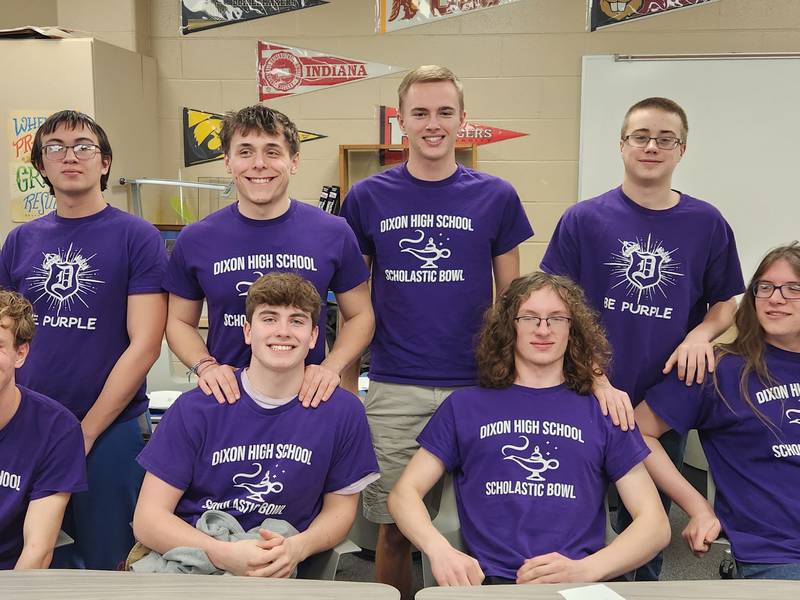 Dixon High School Scholastic Bowl Team members (front row) Hayden Fulton, Owen Winters, Nathan Stauter, and Ronin Quick and (back row) Sebastian Seibel, Joey Apple, Jayden Toms and Jeremiah Frye celebrate their season at sectional.