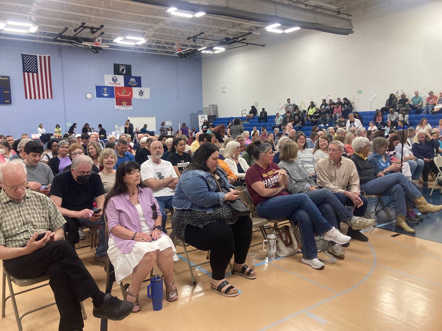 About 250 Illinois residents came to Congresswoman Lauren Underwood's town hall event at Jones Elementary School in Joliet with Florida Representative Maxwell Frost. 
Saturday, May 31, 2025.
