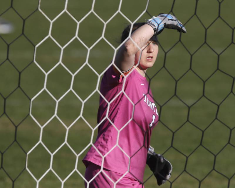 Huntley's Maddie Lackovic watch a for a Crystal Lake Central corner kick during a Fox Valley Conference soccer game on Tuesday, April 9, 2024, at Crystal Lake Central High School.