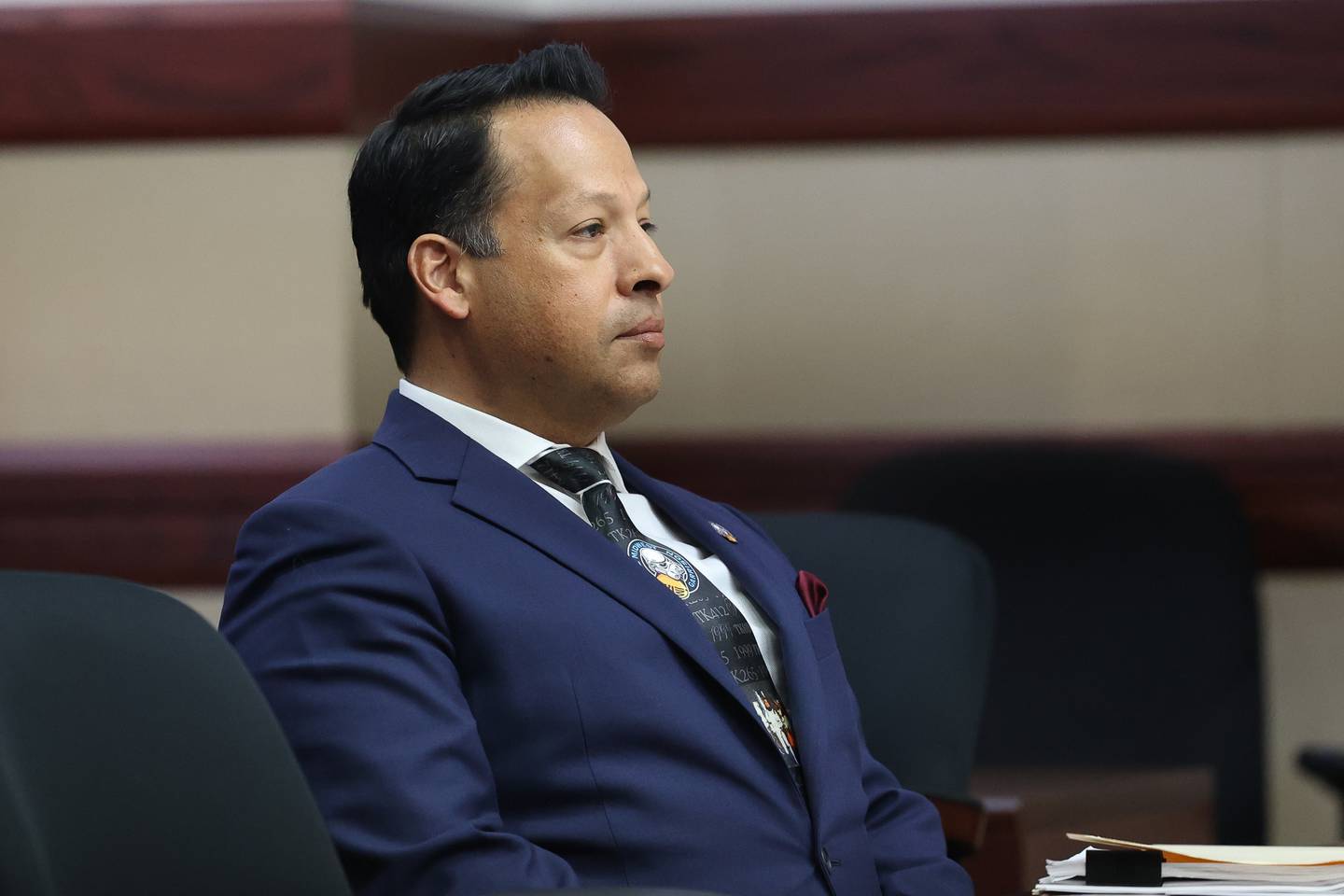 Retired Joliet police sergeant Javier Esqueda sits in the courtroom for a pre-trial hearing at the Kendall County courthouse on Tuesday, April 2, 2024 in Yorkville. Esqueda is charged with official misconduct for accessing and leaking the police squad video of the arrest of Eric Lurry, 37, who died following his arrest on drug charges in January 2020.