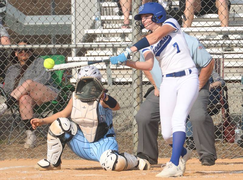 Newman's Kate Von Holten smacks a hit against Bureau Valley on Monday, March 30, 2026 at Bureau Valley High School.