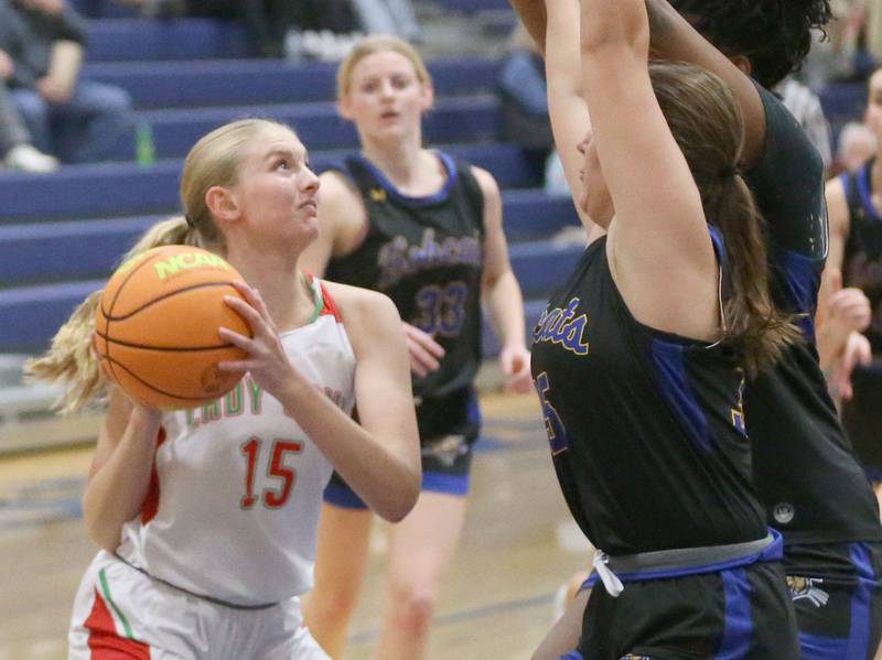 L-P's Margaret Boudreau looks to get inside the lane as Somonauk defends the zone during the Tim Humes Breakout Tournament on Friday, Nov. 22, 2024 at Somonauk High school.