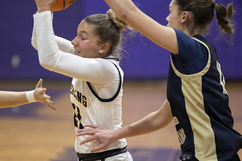 Sterling’s Jaelynn James looks to make a plan against Rockford Christian Friday, Dec. 26, 2025, at the Duchesses Basketball Christmas Classic.