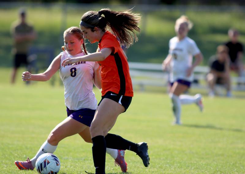 Crystal Lake Central’s  Jordin Gaunaurd, right, races Hononegah’s Bella Thiele for the ball in IHSA Class 2A Sectional Semifinal girls soccer on Monday, May 25, 2026 at Crystal Lake Central High School in Crystal Lake.