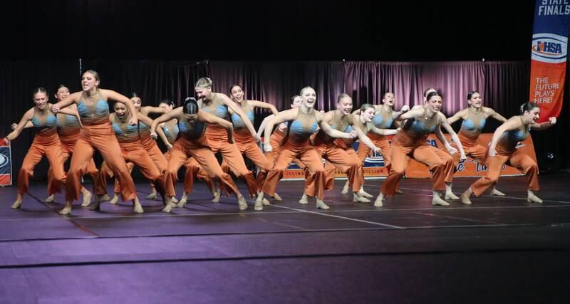 Members of the Oswego East dance team perform during the IHSA State Dance competition on Saturday, Feb. 1, 2025 at Grossinger Motors Arena in Bloomington.