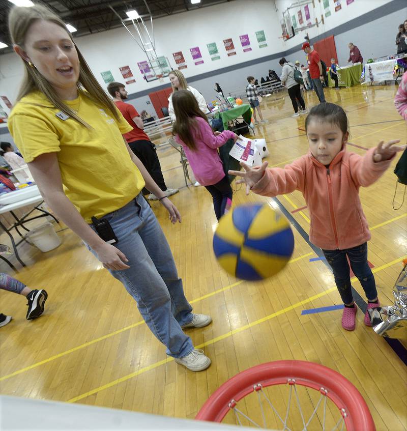 Diego Flores shoots for two during a basketball game Saturday, April 20, 2024, during the Healthy Kids Day at the Streator Y.