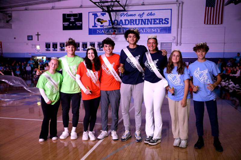 The Nazareth Academy Homecoming Court including (from left) juniors Cassidy Murphy and Anthony Donato, sophomores Grace Degnan and Jack Siffermann, seniors Talen Pearson and Danielle Scully and freshmen Allison Cashman and Michael Duffy were announce during a pep rally at the La Grange Park school on Friday, Sept. 29, 2023.