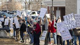 Crowd gathers at Sterling’s Grandon Civic Center to protest Trump administration, Musk