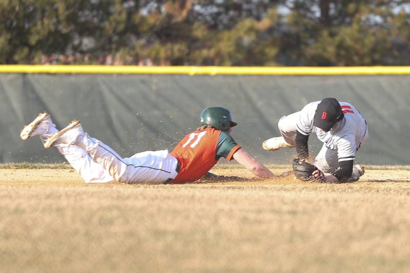 Plainfield East’s Colin Lamb dives safely back to second on an erratic throw to Bolingbrook’s Marvin Guzman on Monday, March 27, 2023.