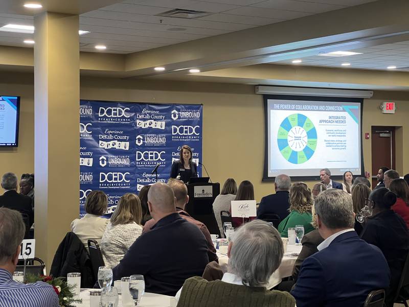 Melissa Amedeo told a large crowd on Dec. 13, 2024 that Chicago area business leaders view DeKalb County as the next frontier for business development in northern Illiniois.