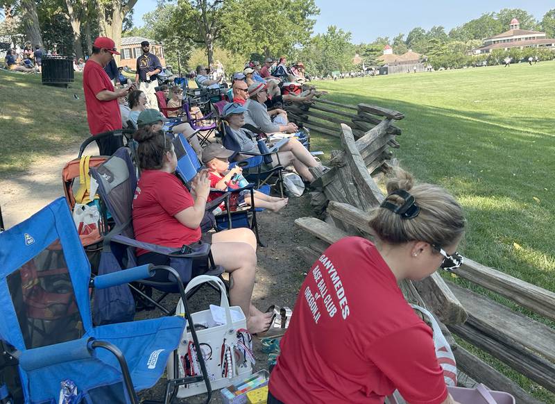 Oregon Ganymede fans line the first base line as they watch the vintage base ball team at the World Tournament of Historic Base Ball held at the Henry Ford Museum's Greenfield Village Saturday and Sunday, Aug. 9-10, 2025 in Dearborn, Michigan.