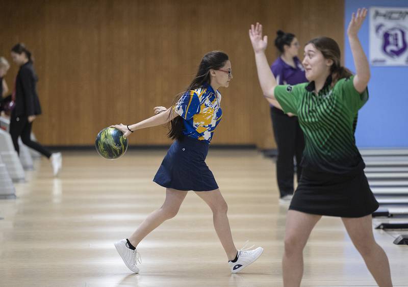 Sterling’s Katelynn Garcia makes her throw during bowling regionals at Plum Hollow in Dixon on Saturday, Feb. 4, 2023.