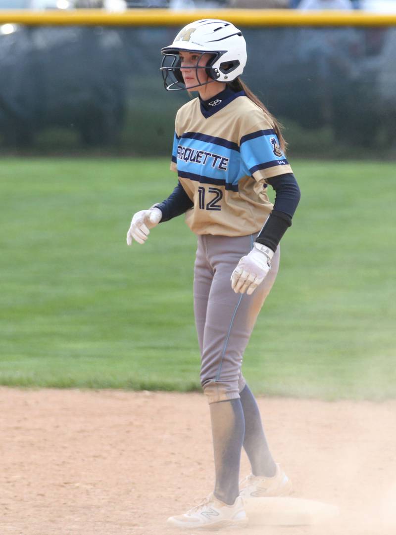 Marquette's Kealey Rick stands up on second base after stealing the bag against St. Bede on Monday, April 22, 2024 at St. Bede Academy.