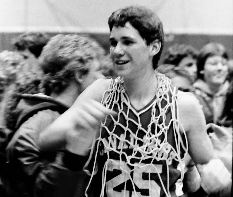 L-P's John Happ wears a basketball net during the Regional title game on Saturday, Feb. 28, 1986 at La Salle-Peru Township High School.