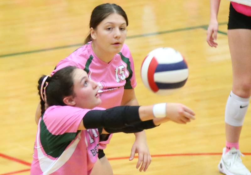St. Bede's Kalli Ware returns a serve from L-P during the "Cavs 4 A Cause" pink night game on Tuesday, Sept. 26, 2023 at Sellett Gymnasium.