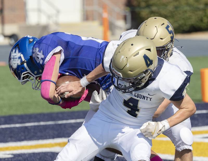 Newman’s Rylan Alvarado blasts through the Mercer County defense for a two-point conversion Saturday, October 4, 2025.