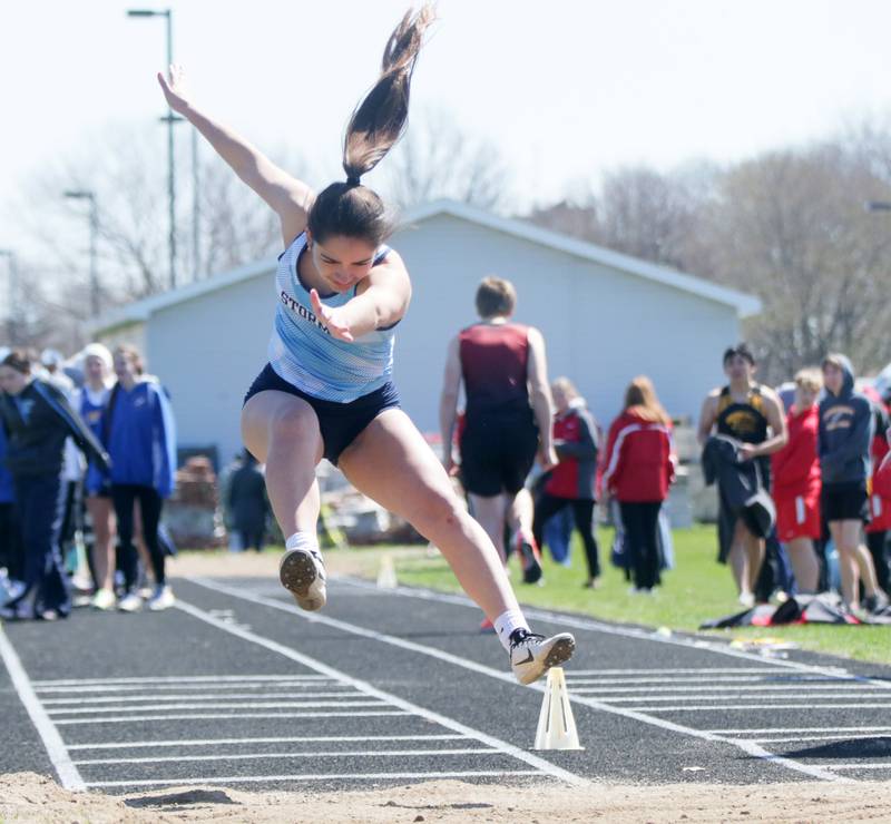 Bureau Valley's Lexi Marquez does the long jump during the Rollie Morris Invite on Saturday, April 16, 2022 at Hall High School in Spring Valley.