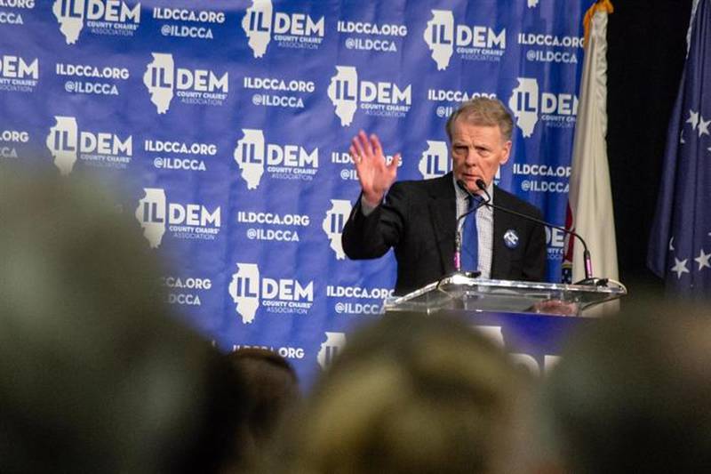 House Speaker Michael Madigan speaks at the Illinois Democratic County Chairs Association brunch in Springfield in August 2019. Madigan, who also chairs the state Democratic Party, is facing an increasing number of detractors from the ranks of House Democrats as he looks for another term as Speaker of the Illinois House. (Capitol News Illinois photo by Jerry Nowicki)