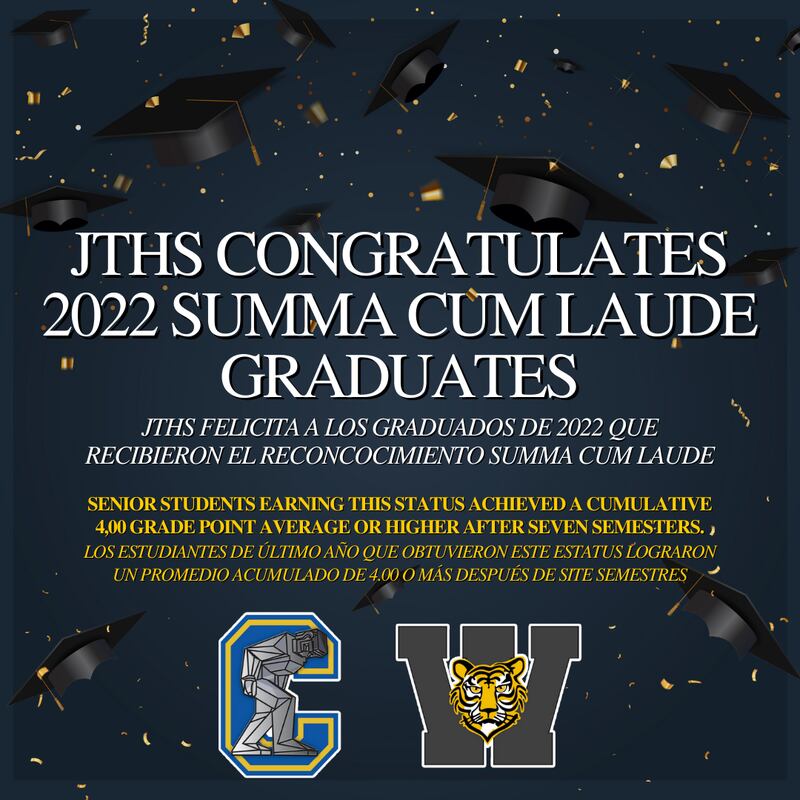 Joliet Township High School congratulates the following seniors from the Class of 2022 who are graduating with Summa Cum Laude honors at the top of their class. Senior students earning this status achieved a cumulative 4.00 grade point average or higher after seven semesters.