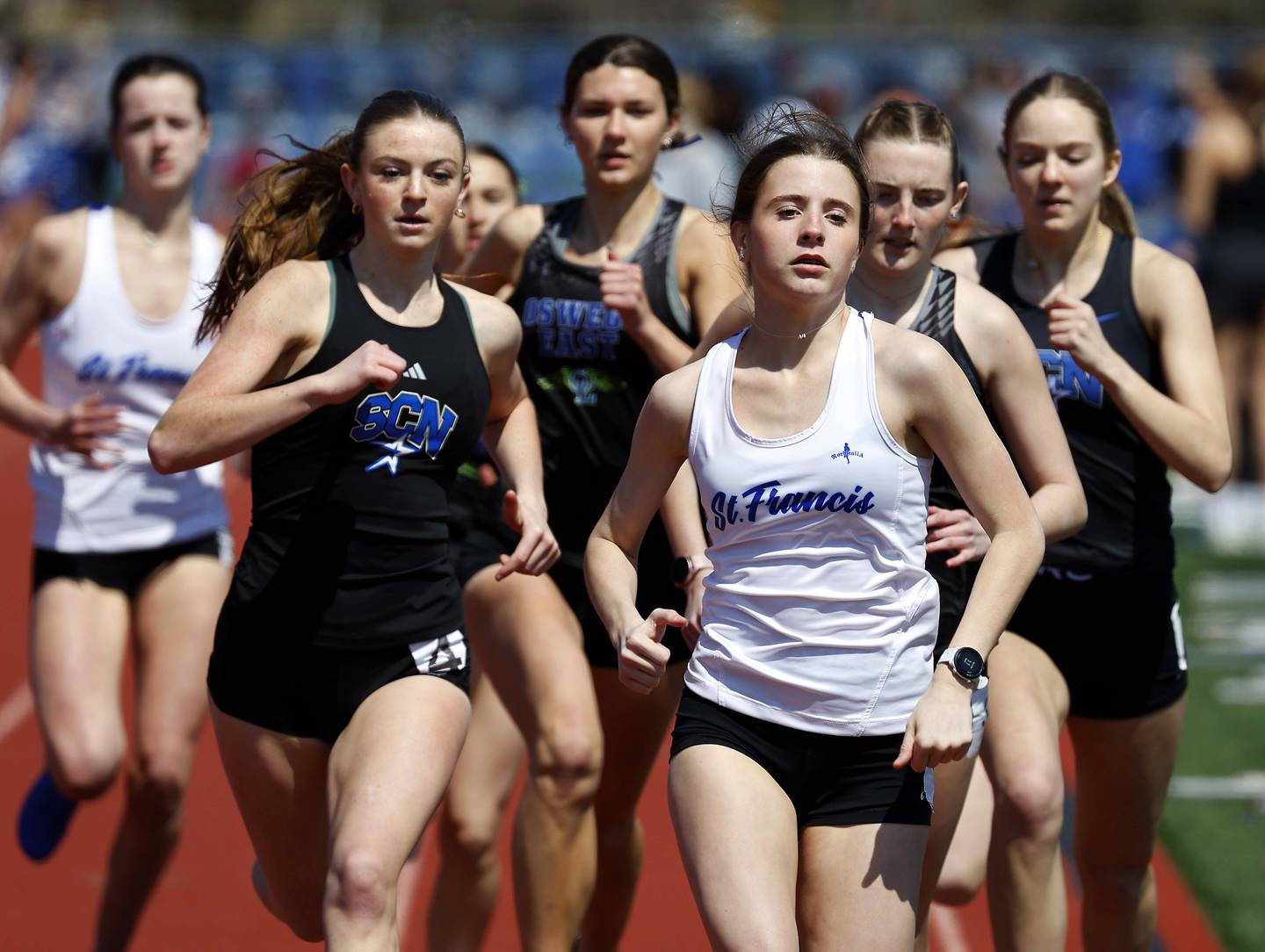 Erin Hinsdale of St. Francis competes in the 600 Meter at the St. Charles North Girls Invitational Saturday, April 12, 2025 in St. Charles Ill. Hinsdale won the event.