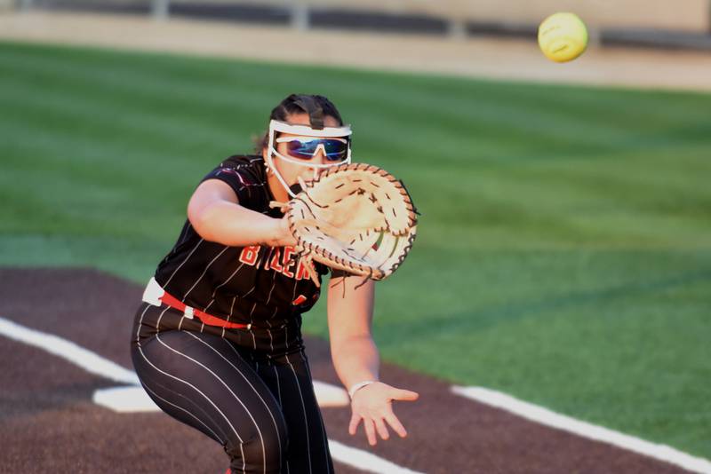 Bradley-Bourbonnais' Leila Middlebrook fields a pop up during the Class 4A Illinois Wesleyan Supersectional against Lockport Monday, June 9, 2025.