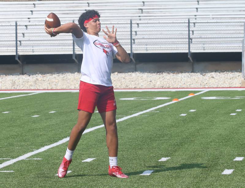 L-P quarterback Justice Byrd throws a pass during their football camp at Howard Fellows Stadium on Tuesday, July 25, 2023 in Peru.