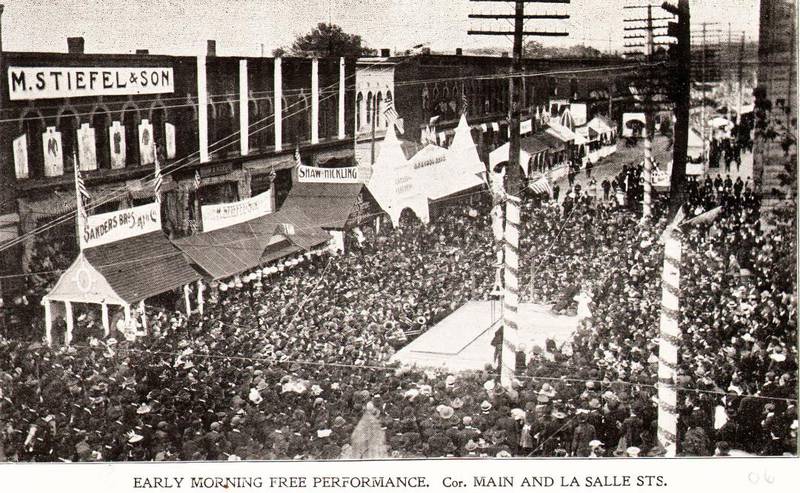 Thousands thronged La Salle Street for the free entertainment which was part of the 1898 Ottawa Street Fair.