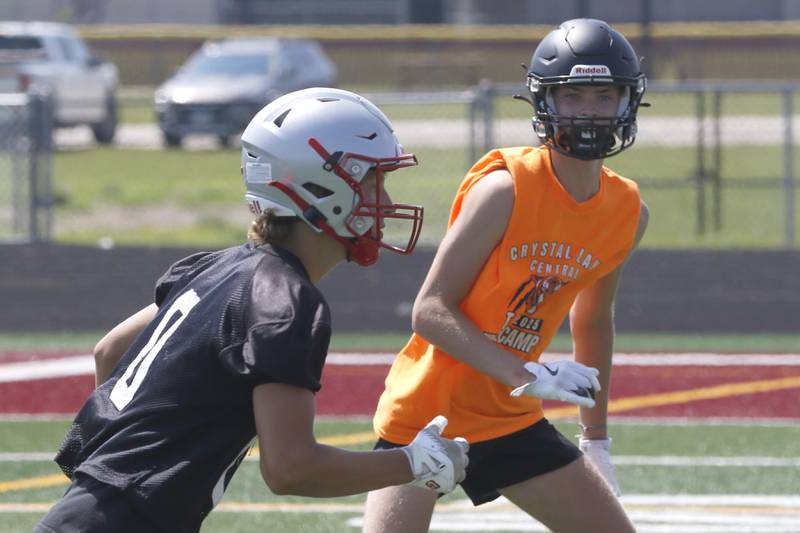 Crystal Lake Central’s Jon Horbenko  plays defense during a 7 on 7 football practice Monday, July 14, 2025, at Richmond-Burton High School, with teams from Richmond-Burton . Grayslake Central and Mundelein.