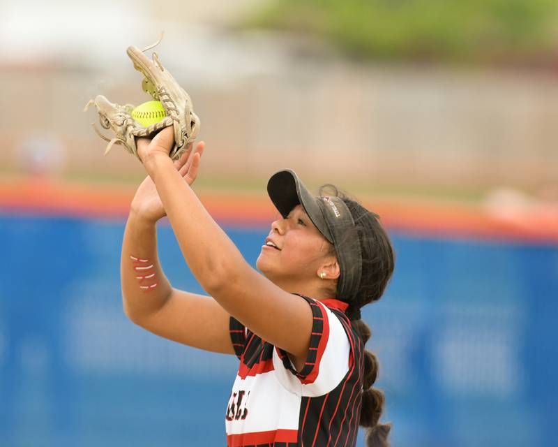 Yorkville's Liv Lathen (5) catches the fall for an out on Tuesday June 3, 2025, as they took on Oswego during the sectional semifinal game held at Oswego High School.