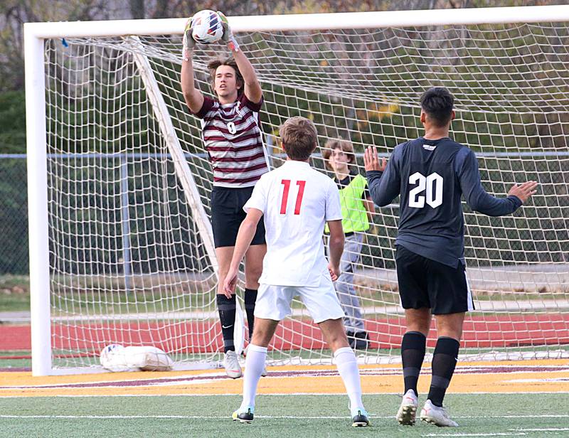 Wheaton Academy keeper Declan Finnegan blocks a shot from Timothy Christian during the Class 1A State soccer third place game on Saturday, Oct. 29, 2022 at EastSide Centre in Peoria.