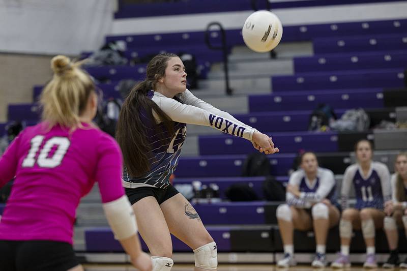 Dixon’s Joey Brumbly plays a serve Monday, Oct. 17, 2022 against Geneseo.